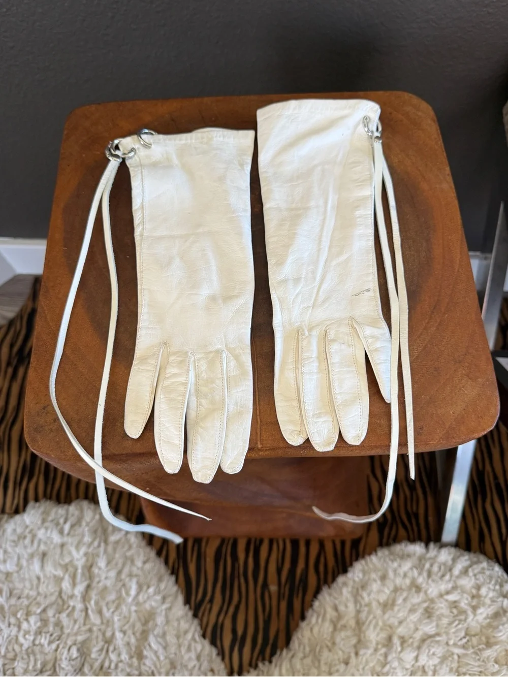 White Leather Gauntlet Gloves Silver piercings  & Leather Tassels Avant-Garde